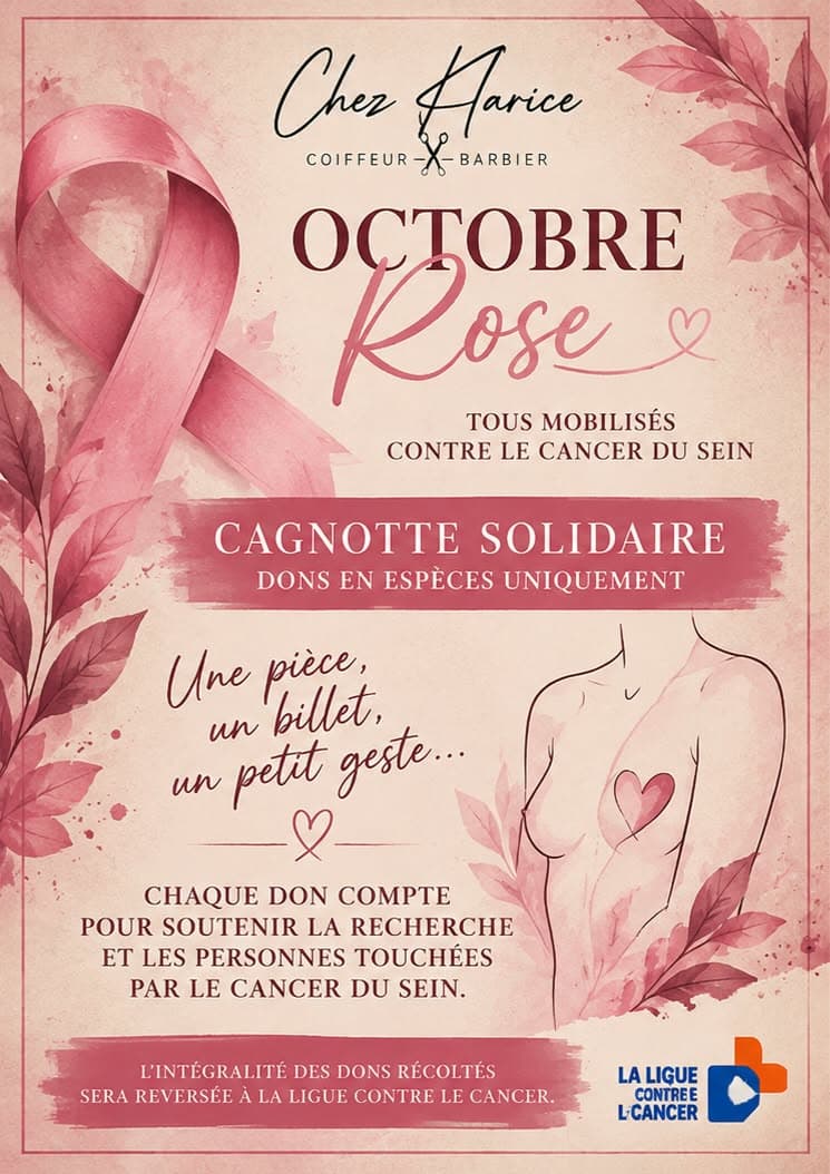 Affiche Octobre rose du salon : cagnotte solidaire, dons en espèces uniquement, intégralité des dons reversée à la Ligue contre le cancer